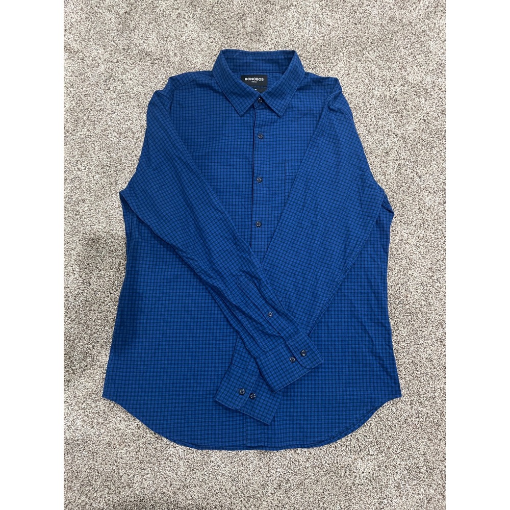 Bonobos Stretch Slim Fit Mens Blue Micro Check Long Sleeve Button Down Shirt L